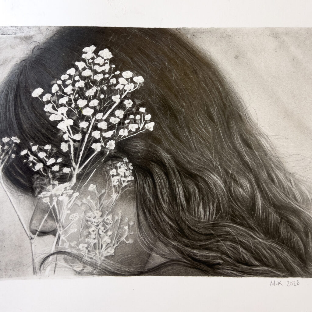 This self-portrait is created using different grades of graphite pencils and charcoal. The focus of the drawing is the careful rendering of realistic hair. The artist partially hides behind wild white flowers, which symbolise an emotional state they are trying to conceal.