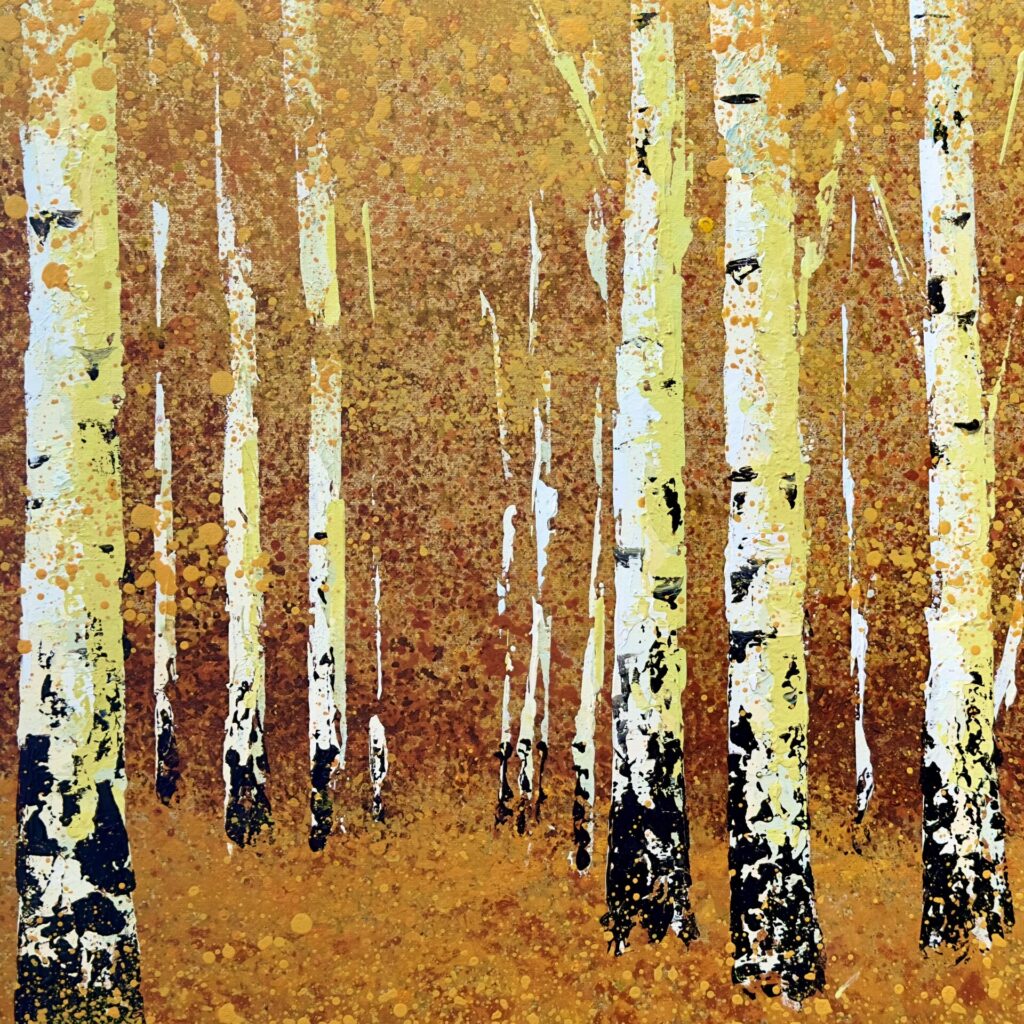 Silver birch. Acrylic on gold leaf