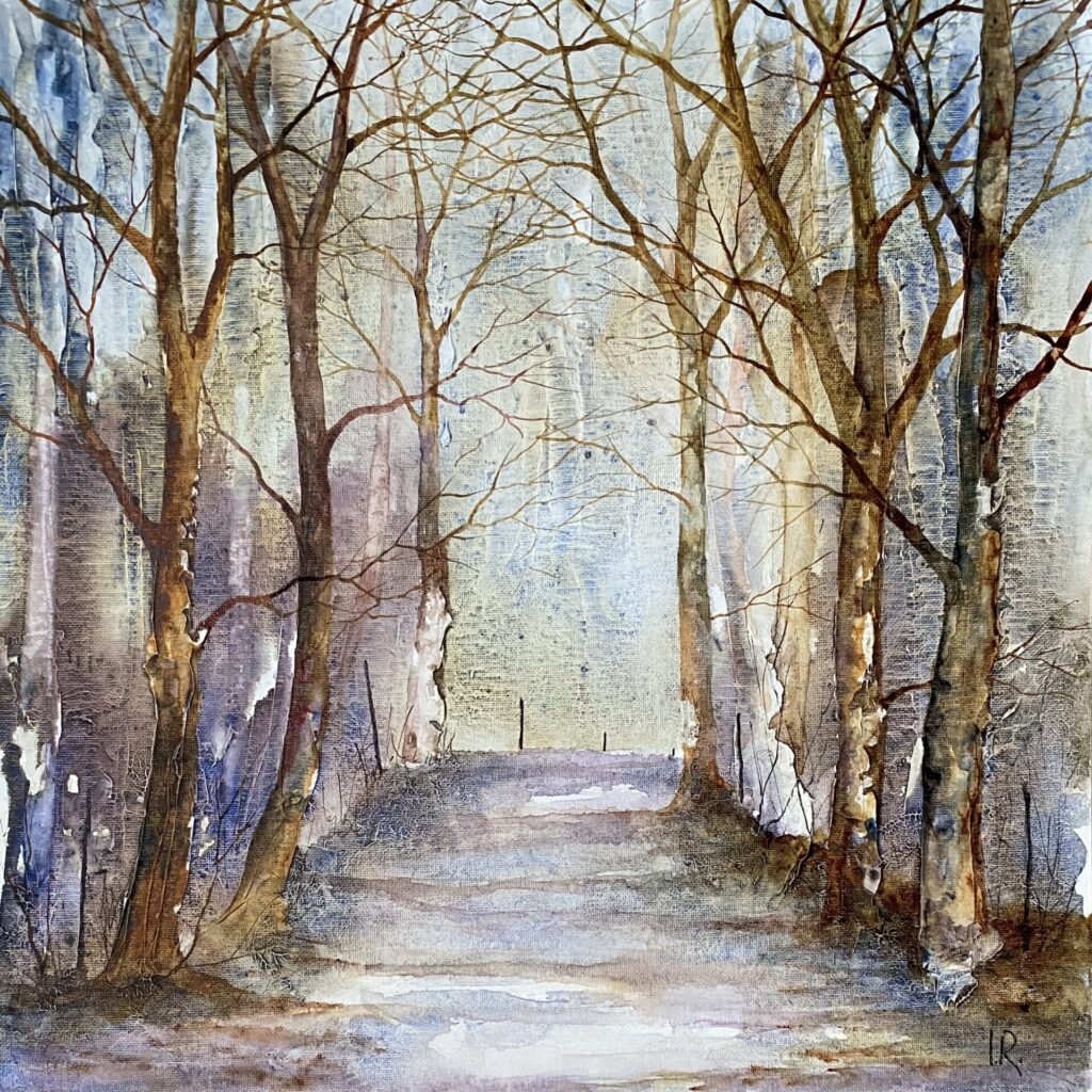 Impressionist Woodland scene painted in watercolours on textured canvas.