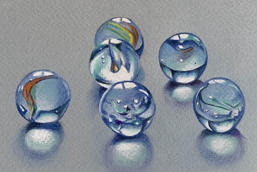 Pastel painting of Cats Eyes marbles
