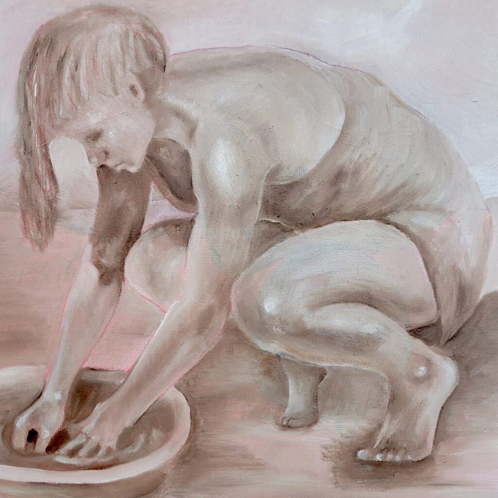 A young woman is washing her soul in a washing bowl