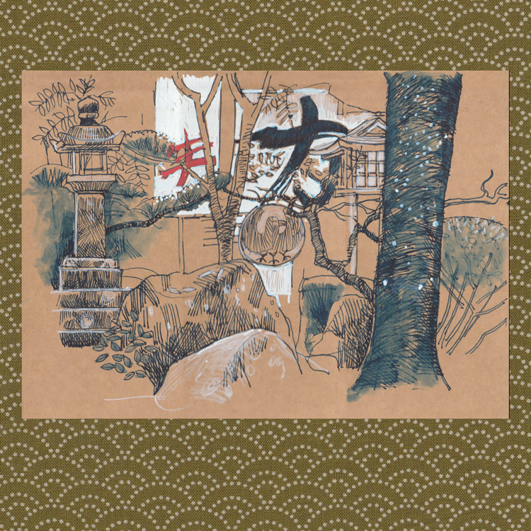Ink sketch of a temple scene in Japan