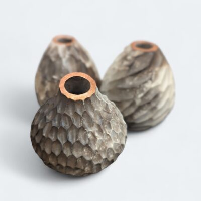 Artwork by Katie Pruden: Strobilus Vessels: smoke-fired earthenware, copper leaf
