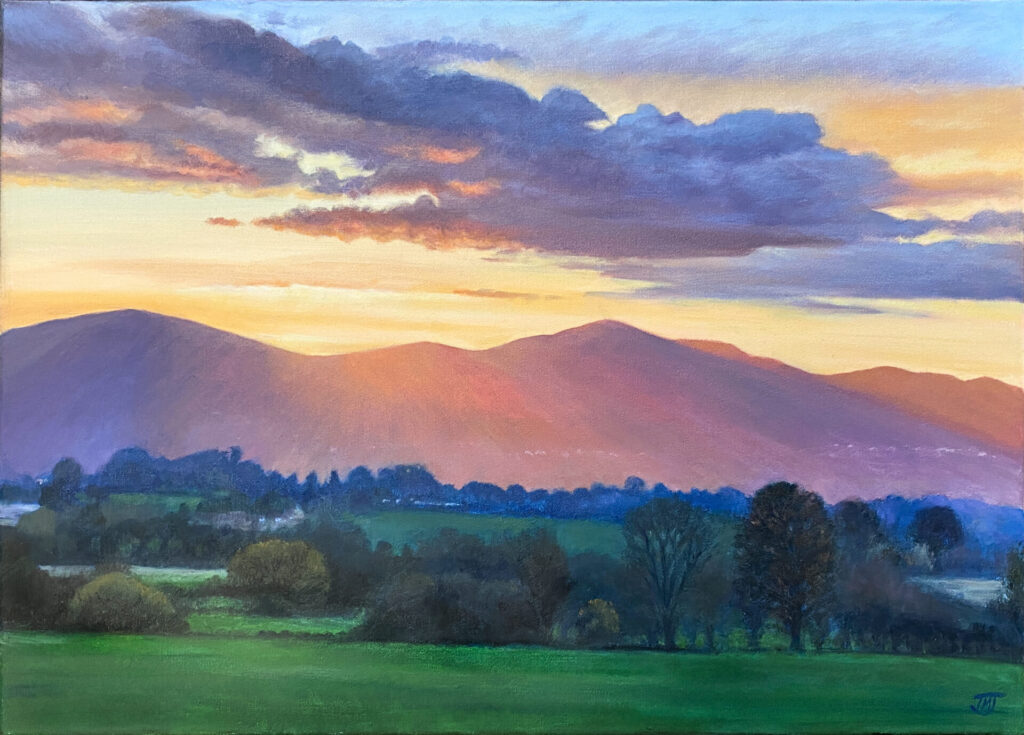 Malvern Hills Sunset, contemporary landscape, oil on canvas