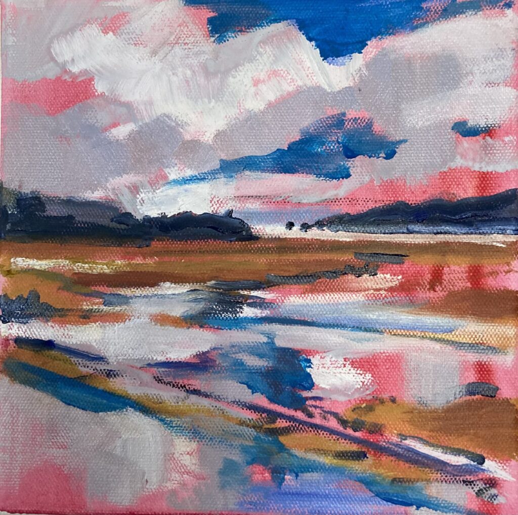 Painted landscape, Autmn, yellow, crimson, cobalt colours in a high key, loose expressive brushwork