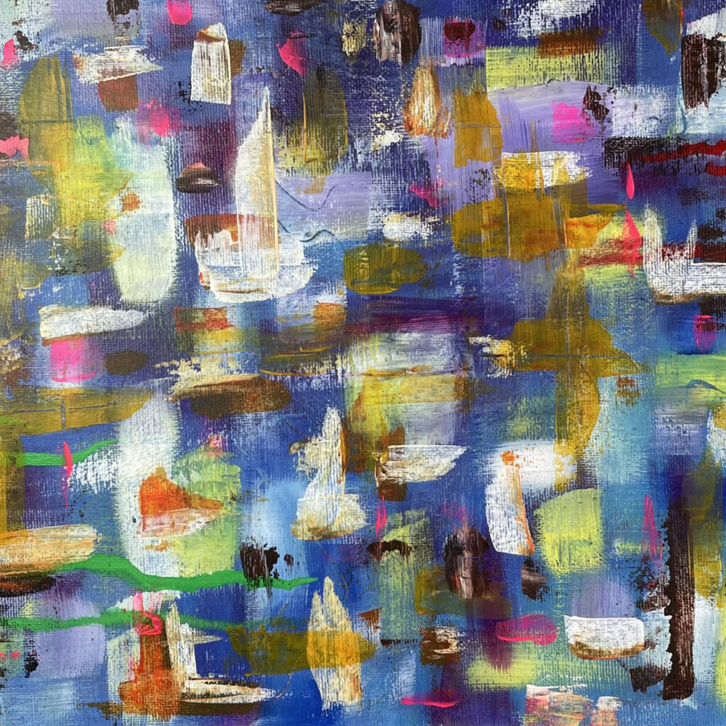Acrylic painting called Reflections using bold colours to contrast the within the image.