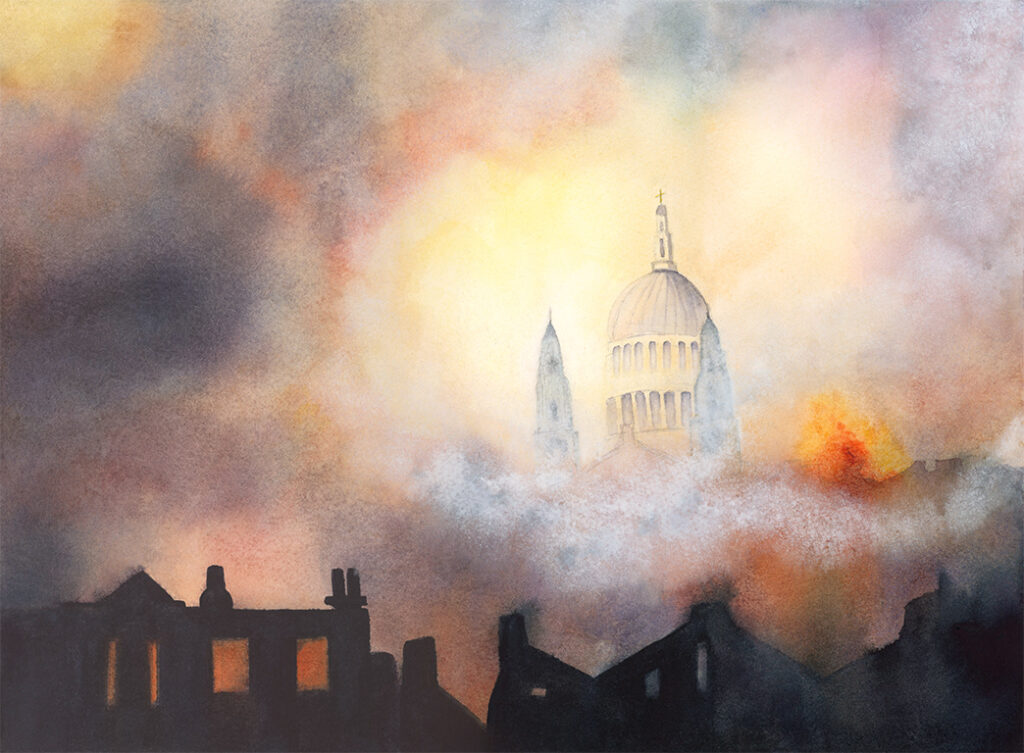 “Beacon of Light” is a watercolour of St Paul’s Cathedral standing defiant during the Blitz of WWII