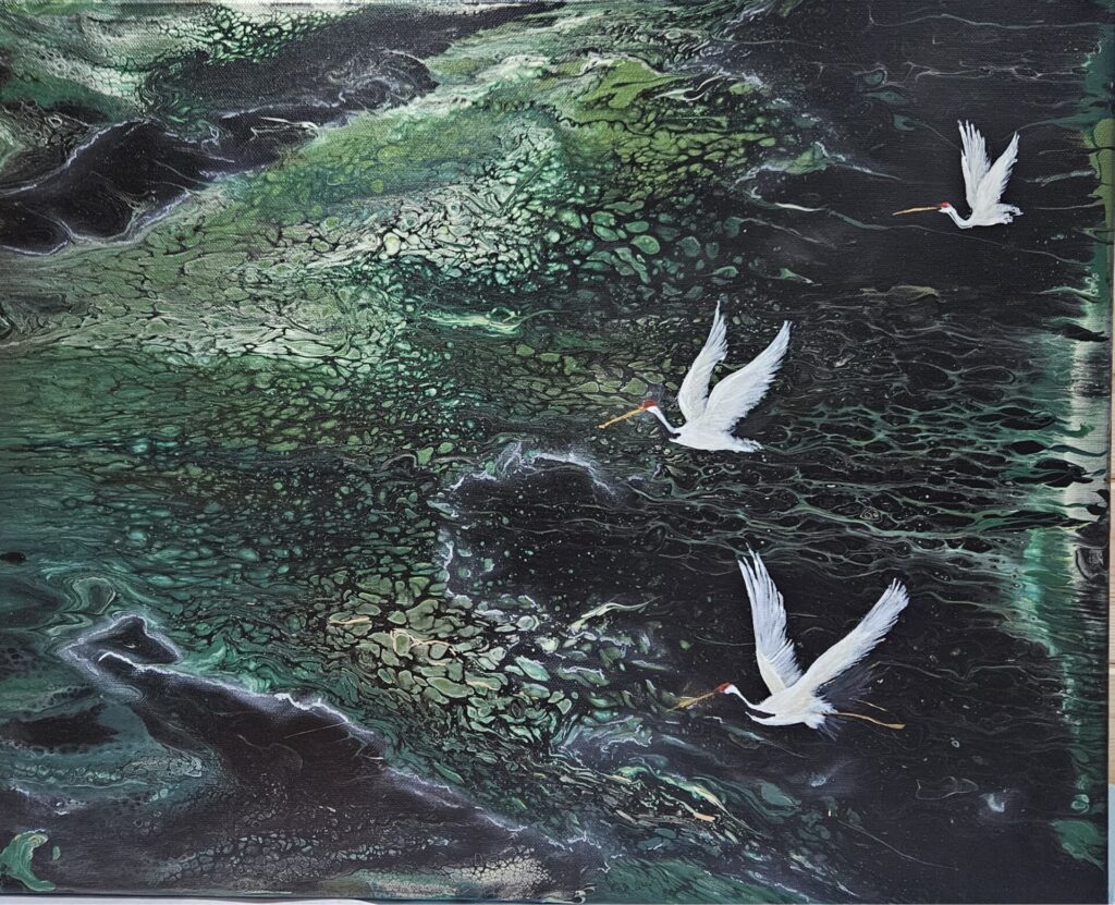 Tsuru - In Japanese culture, cranes (tsuru) are symbols of longevity, good fortune and peace. The swipe technique has been used to create the landscape below. The metallic paint captures the light giving an ephemeral quality to the piece.