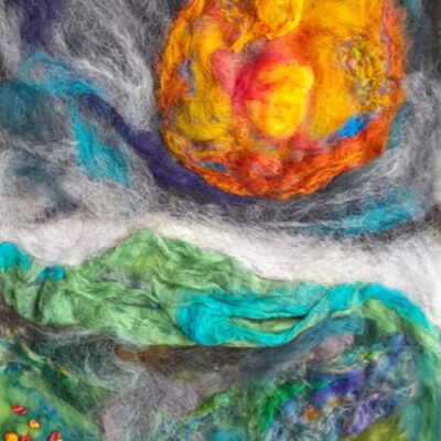 Artwork by Mary Clayburn: This angry sun reflects the turmolt of time over a peaceful landscape. Felt with embellishments