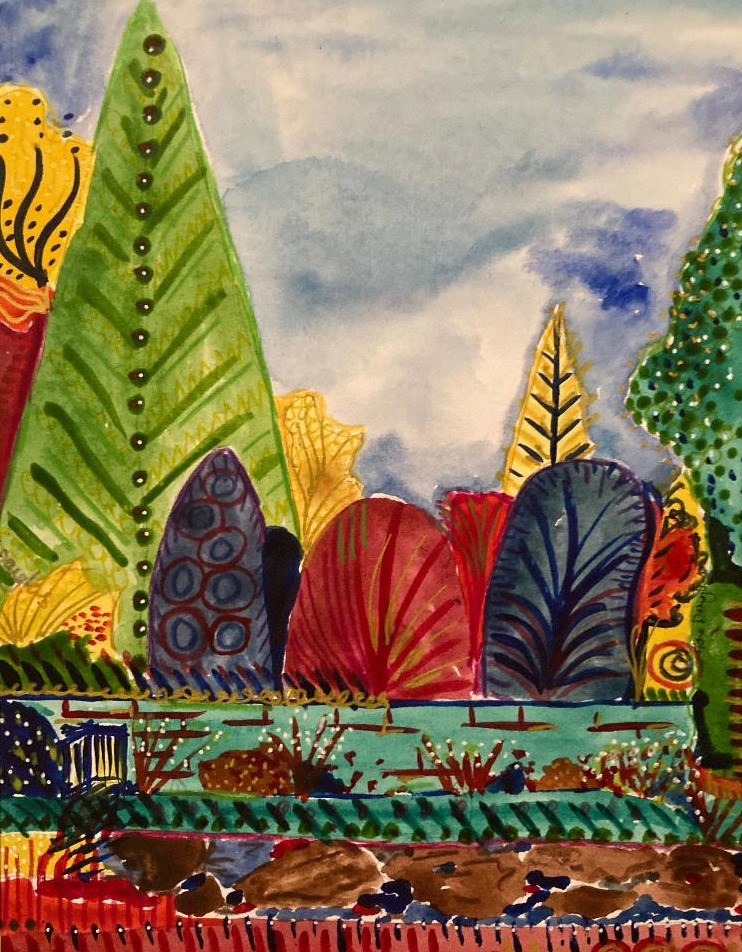 Brodick Castle Gardens, Arran, Watercolour with ink.