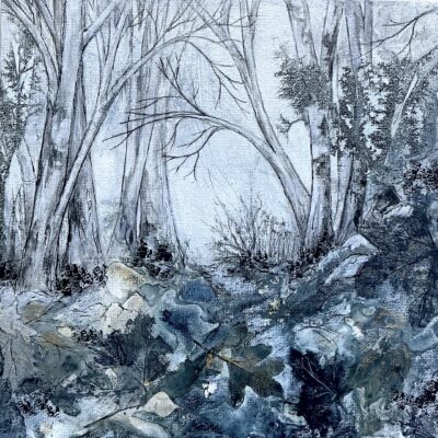 Artwork by Lesley Brankin: A wintery woodland scene featuring a leafy carpet