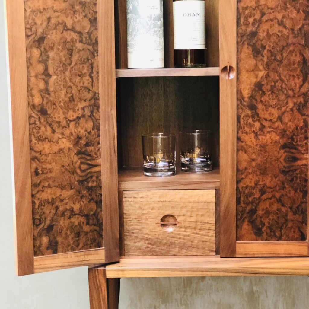 Walnut & Burr Walnut Drinks Cabinet - Noah Morris Bespoke, Fine Furniture Maker www.noahmorrisbespoke.co.uk