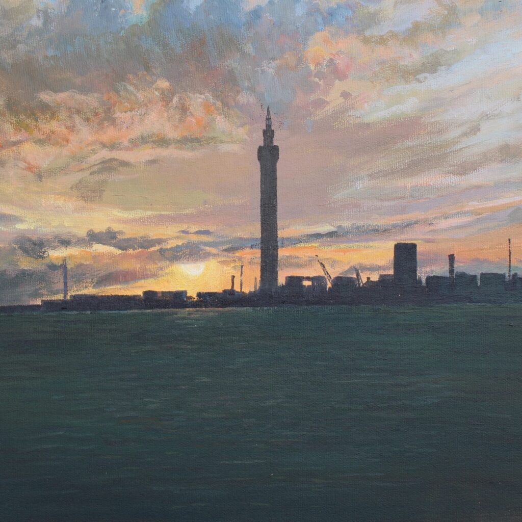 Grimsby dock tower. Water based oil on canvas.